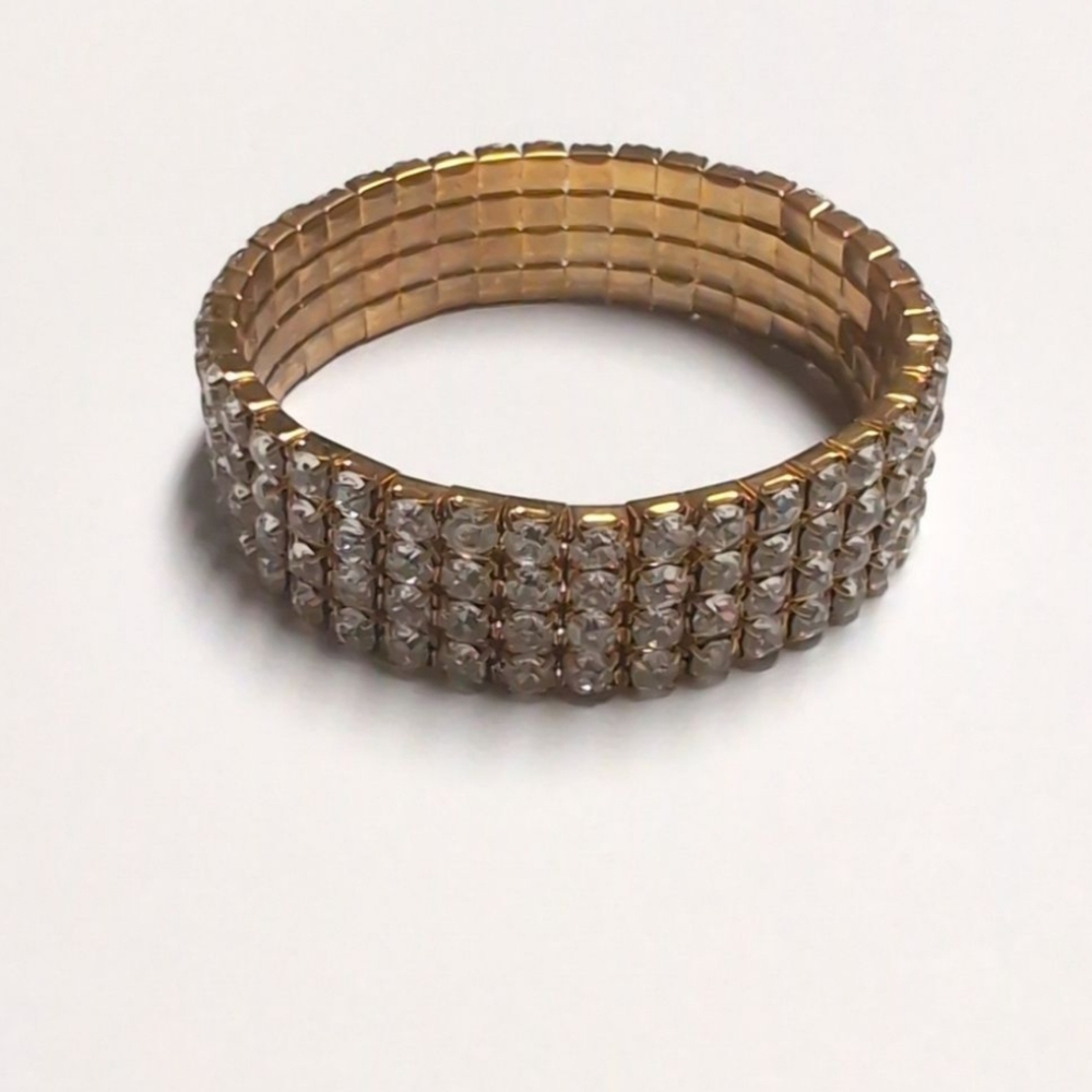 163 Four Row Gold with Crystal Rhinestones Stretch Bracelet - Picture 3 of 4